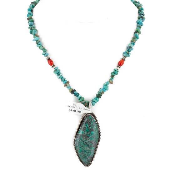.925 Sterling Silver Handmade Certified Authentic Navajo Natural and Blood Turquoise Coral Native American Necklace 14942-16029-4