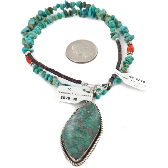 .925 Sterling Silver Handmade Certified Authentic Navajo Natural and Blood Turquoise Coral Native American Necklace 14942-16029-4