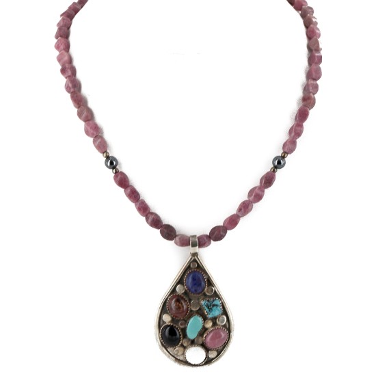 .925 Sterling Silver Handmade Certified Authentic Navajo Natural Turquoise Multicolor Stones Native American Necklace 16048-16047-4