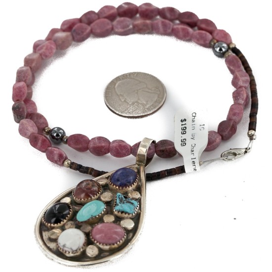 .925 Sterling Silver Handmade Certified Authentic Navajo Natural Turquoise Multicolor Stones Native American Necklace 16048-16047-4