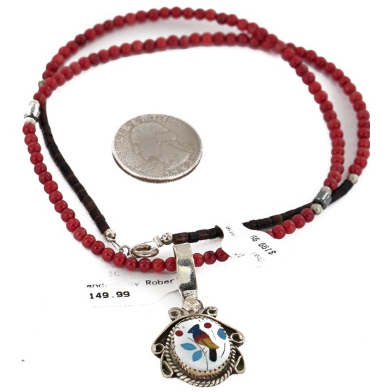 .925 Sterling Silver Inlay Bird Handmade Certified Authentic Navajo Natural Turquoise Coral Multicolor Stones Native American Necklace 12674-15930-15
