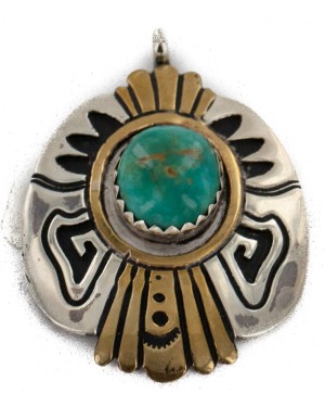 12kt Gold Filled .925 Sterling Silver Handmade Certified Authentic Navajo Natural Turquoise Native American Pendant 24403
