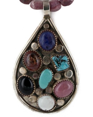 .925 Sterling Silver Handmade Certified Authentic Navajo Natural Turquoise Multicolor Stones Native American Necklace 16048-16047-4