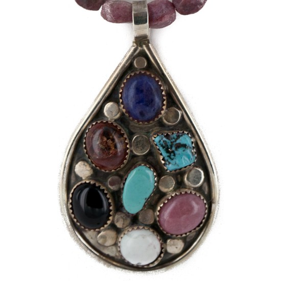 .925 Sterling Silver Handmade Certified Authentic Navajo Natural Turquoise Multicolor Stones Native American Necklace 16048-16047-4
