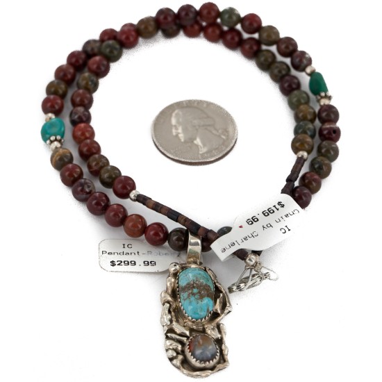 .925 Sterling Silver Handmade Certified Authentic Navajo Robert Littel Natural Turquoise Agate Native American Necklace 15939-2-16028-12