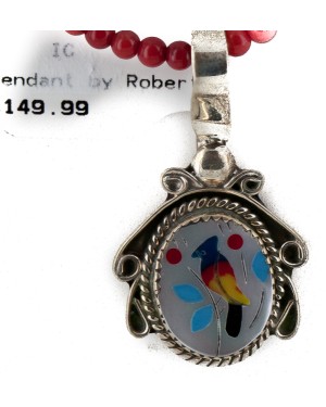 .925 Sterling Silver Inlay Bird Handmade Certified Authentic Navajo Natural Turquoise Coral Multicolor Stones Native American Necklace 12674-15930-15