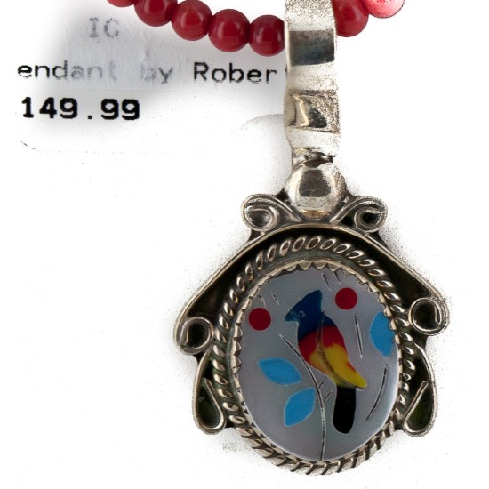 .925 Sterling Silver Inlay Bird Handmade Certified Authentic Navajo Natural Turquoise Coral Multicolor Stones Native American Necklace 12674-15930-15