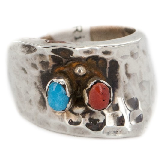 .925 Sterling Silver Handmade Hammered Certified Authentic Navajo Natural Turquoise and Spiny Oyster Native American Ring  16287