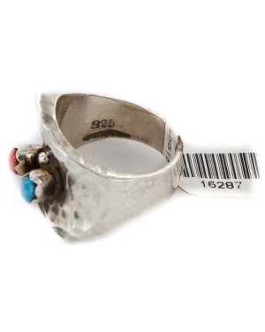 .925 Sterling Silver Handmade Hammered Certified Authentic Navajo Natural Turquoise and Spiny Oyster Native American Ring  16287