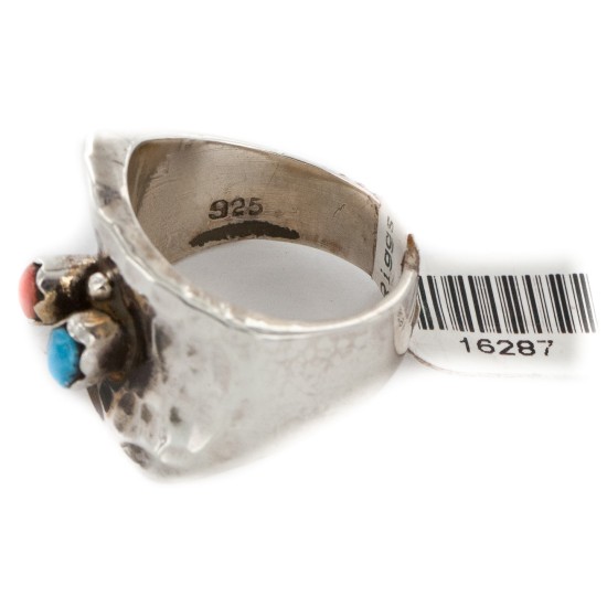 .925 Sterling Silver Handmade Hammered Certified Authentic Navajo Natural Turquoise and Spiny Oyster Native American Ring  16287