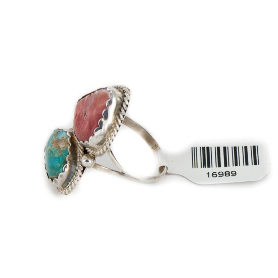 .925 Sterling Silver Handmade Certified Authentic Navajo Natural Turquoise and Spiny Oyster Native American Ring  16989