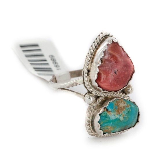 .925 Sterling Silver Handmade Certified Authentic Navajo Natural Turquoise and Spiny Oyster Native American Ring  16989