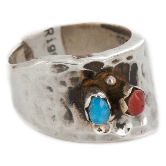 .925 Sterling Silver Handmade Hammered Certified Authentic Navajo Natural Turquoise and Spiny Oyster Native American Ring  16287