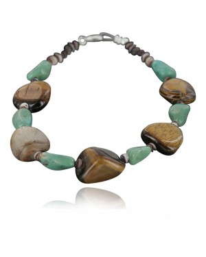 $100 Certified Authentic Navajo .925 Sterling Silver Natural Turquoise Tigers Eye Native American Bracelet 390723333423