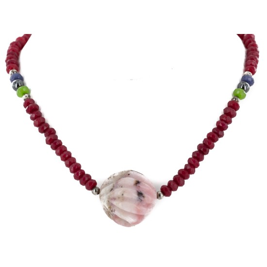 .925 Sterling Silver Certified Authentic Navajo Natural Ruby Opalite Sapphire Jade Hematite Native American Necklace  15768