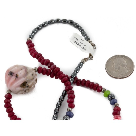 .925 Sterling Silver Certified Authentic Navajo Natural Ruby Opalite Sapphire Jade Hematite Native American Necklace  15768