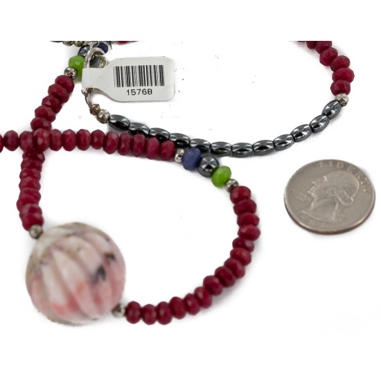 .925 Sterling Silver Certified Authentic Navajo Natural Ruby Opalite Sapphire Jade Hematite Native American Necklace  15768