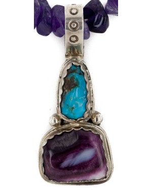 .925 Sterling Silver Handmade Certified Authentic Navajo Natural Turquoise Spiny Oyster Amethyst Native American Necklace 15909-15909-1
