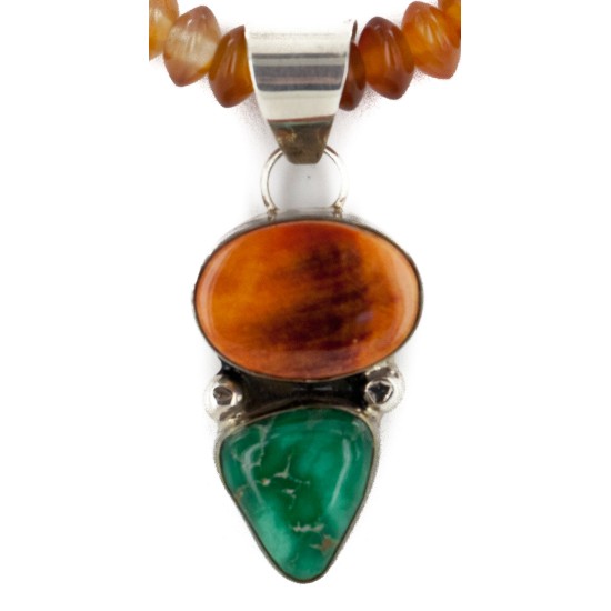 Certified Authentic Signed by Shay Navajo .925 Sterling Silver Natural Turquoise Spiny Oyster Agate Native American Necklace 15750-15685