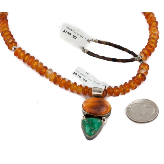 Certified Authentic Signed by Shay Navajo .925 Sterling Silver Natural Turquoise Spiny Oyster Agate Native American Necklace 15750-15685
