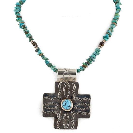 Cross .925 Sterling Silver Nickel Handmade Certified Authentic Navajo Natural Turquoise Tigers Eye Native American Necklace 14981-16029-7