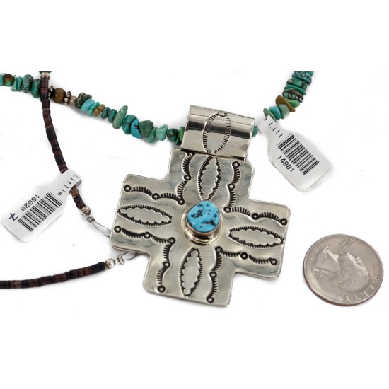 Cross .925 Sterling Silver Nickel Handmade Certified Authentic Navajo Natural Turquoise Tigers Eye Native American Necklace 14981-16029-7