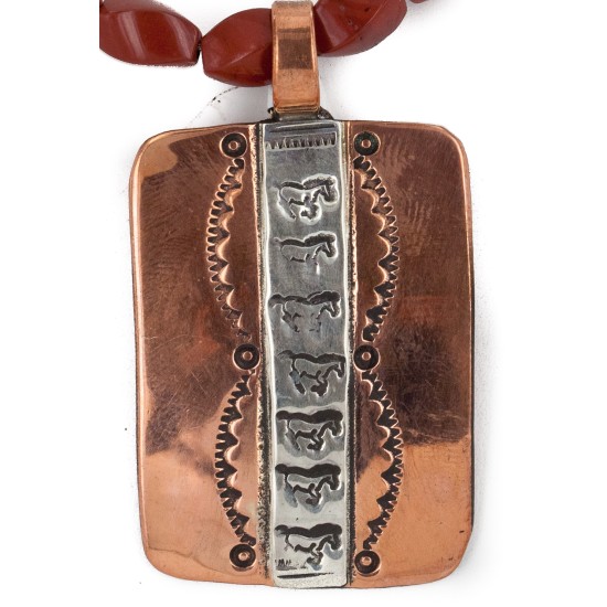 Handmade Horse Navajo Handstamped Pure .925 Sterling Silver Copper Natural Turquoise and Red Jasper Native American Necklace 16973-3-16037-9 Handmade Horse Navajo Handstamped Pure .925 Sterling Silver Copper Natural Turquoise and Red Jasper Native American Necklace 16973-3-16037-9