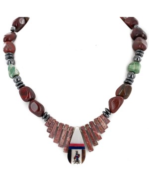 Inlay Navajo .925 Sterling Silver Natural Turquoise Red Jasper Hematite Coral Mother of Pearl and Black Onyx Native American Necklace 750179-2 Inlay Navajo .925 Sterling Silver Natural Turquoise Red Jasper Hematite Coral Mother of Pearl and Black Onyx Native American Necklace 750179-2