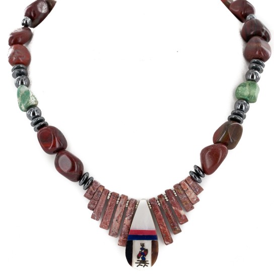 Inlay Navajo .925 Sterling Silver Natural Turquoise Red Jasper Hematite Coral Mother of Pearl and Black Onyx Native American Necklace 750179-2 Inlay Navajo .925 Sterling Silver Natural Turquoise Red Jasper Hematite Coral Mother of Pearl and Black Onyx Native American Necklace 750179-2