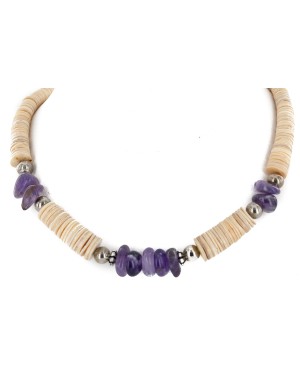 Navajo Certified Authentic .925 Sterling Silver Natural Graduated Melon Shell Amethyst Native American Necklace 25275
