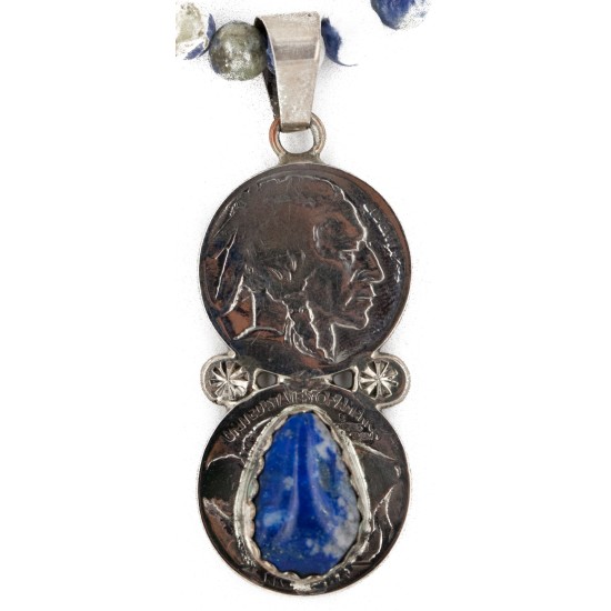Vintage Style Buffalo Nickel .925 Sterling Silver Handmade Certified Authentic Navajo Natural Turquoise Lapis Native American Necklace 16024-15974-4