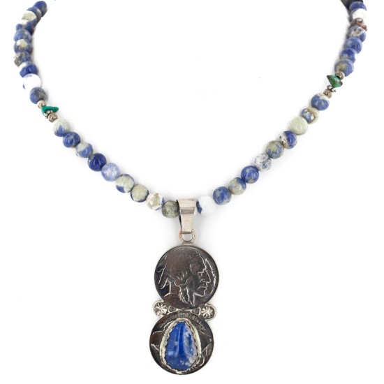 Vintage Style Buffalo Nickel .925 Sterling Silver Handmade Certified Authentic Navajo Natural Turquoise Lapis Native American Necklace 16024-15974-4