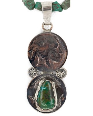 Vintage Style Buffalo Nickel .925 Sterling Silver Handmade Certified Authentic Navajo Turquoise Native American Necklace 16024-16029-2
