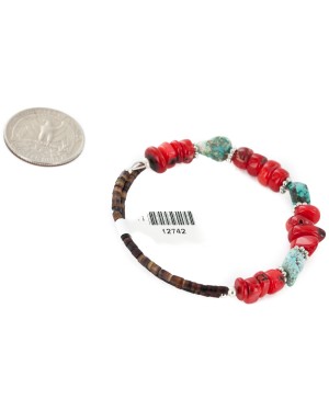 Certified Authentic Navajo Natural Turquoise Coral Heishi Native American Adjustable Wrap Bracelet 12742-1