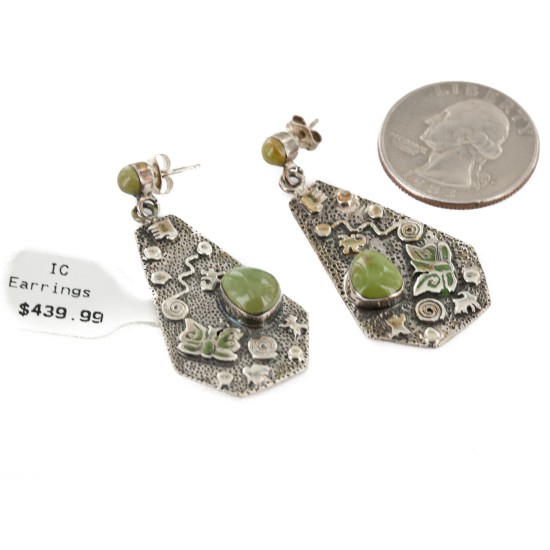 .925 Sterling Silver Handmade Certified Authentic Signed Navajo Natural Turquoise Dangle Native American Earrings 17844