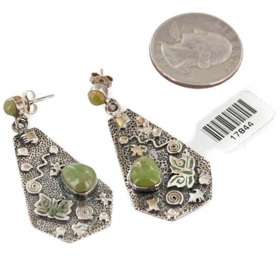 .925 Sterling Silver Handmade Certified Authentic Signed Navajo Natural Turquoise Dangle Native American Earrings 17844