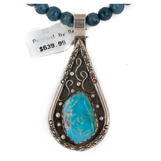 .925 Sterling Silver Handmade Certified Authentic Navajo Natural Turquoise Blue Quartz Native American Necklace 15042-15965