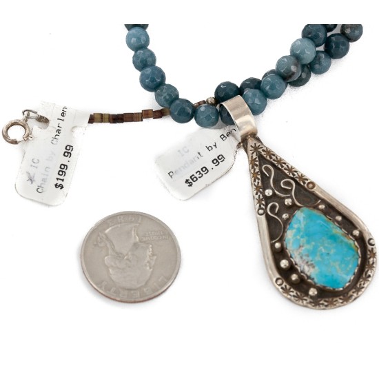 .925 Sterling Silver Handmade Certified Authentic Navajo Natural Turquoise Blue Quartz Native American Necklace 15042-15965