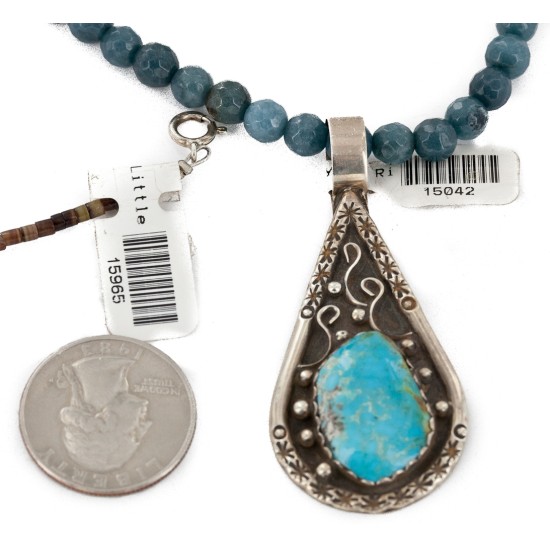 .925 Sterling Silver Handmade Certified Authentic Navajo Natural Turquoise Blue Quartz Native American Necklace 15042-15965