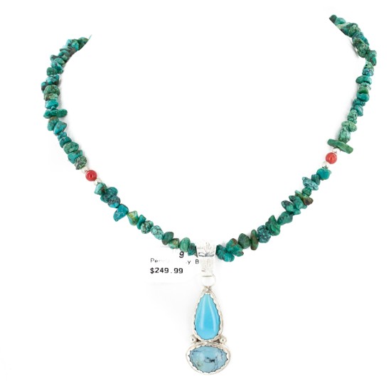 .925 Sterling Silver Handmade Certified Authentic Navajo Natural Turquoise Coral Native American Necklace 24411-3-16075-2