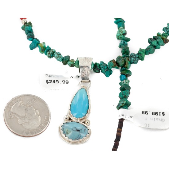 .925 Sterling Silver Handmade Certified Authentic Navajo Natural Turquoise Coral Native American Necklace 24411-3-16075-2