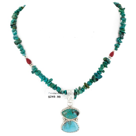 .925 Sterling Silver Handmade Certified Authentic Navajo Natural Turquoise Coral Native American Necklace 24411-6-16075-4