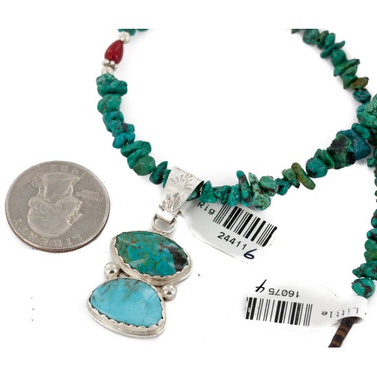 .925 Sterling Silver Handmade Certified Authentic Navajo Natural Turquoise Coral Native American Necklace 24411-6-16075-4