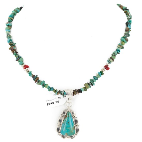 .925 Sterling Silver Handmade Certified Authentic Navajo Natural Turquoise Coral Native American Necklace 24415-5-14820
