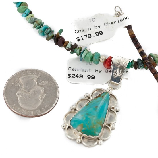 .925 Sterling Silver Handmade Certified Authentic Navajo Natural Turquoise Coral Native American Necklace 24415-5-14820