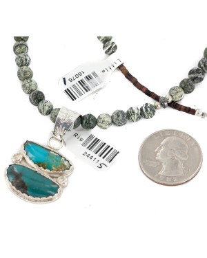 .925 Sterling Silver Handmade Certified Authentic Navajo Natural Turquoise Jasper Hematite Native American Necklace 24411-5-16076-1