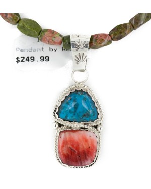 .925 Sterling Silver Handmade Certified Authentic Navajo Natural Turquoise Spiny Oyster Jasper Native American Necklace 24415-2-16047-8