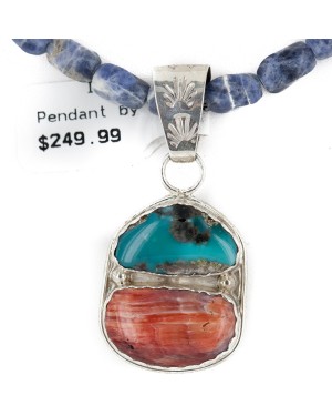 .925 Sterling Silver Handmade Certified Authentic Navajo Natural Turquoise Spiny Oyster Lapis Native American Necklace 24411-2-16047-2