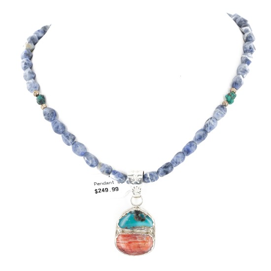 .925 Sterling Silver Handmade Certified Authentic Navajo Natural Turquoise Spiny Oyster Lapis Native American Necklace 24411-2-16047-2