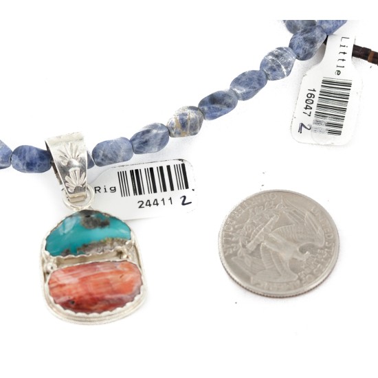 .925 Sterling Silver Handmade Certified Authentic Navajo Natural Turquoise Spiny Oyster Lapis Native American Necklace 24411-2-16047-2